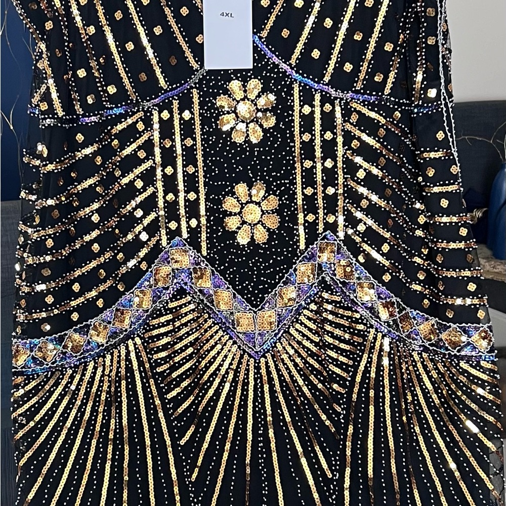 Black and Gold Beaded 1920s Flapper Dress